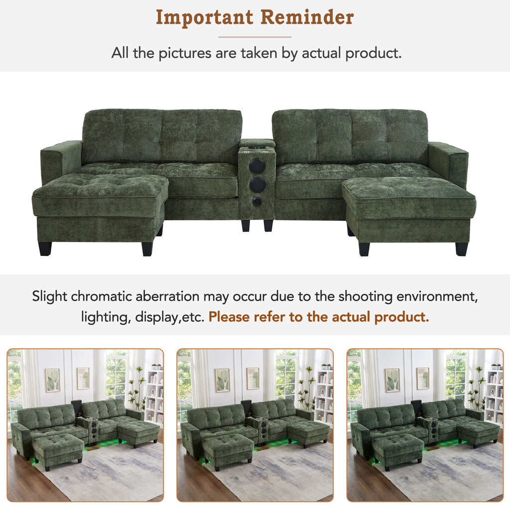 Modern Sectional Sofa U-Shaped With Movable Ottomans, tooth Speakers, LED Lights And Modular Storage