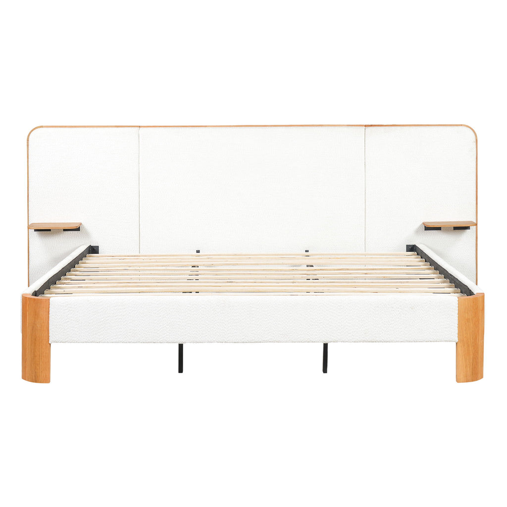 Upholstered Platform Bed Frame With Curved Headboard, Built-In Floating Shelves