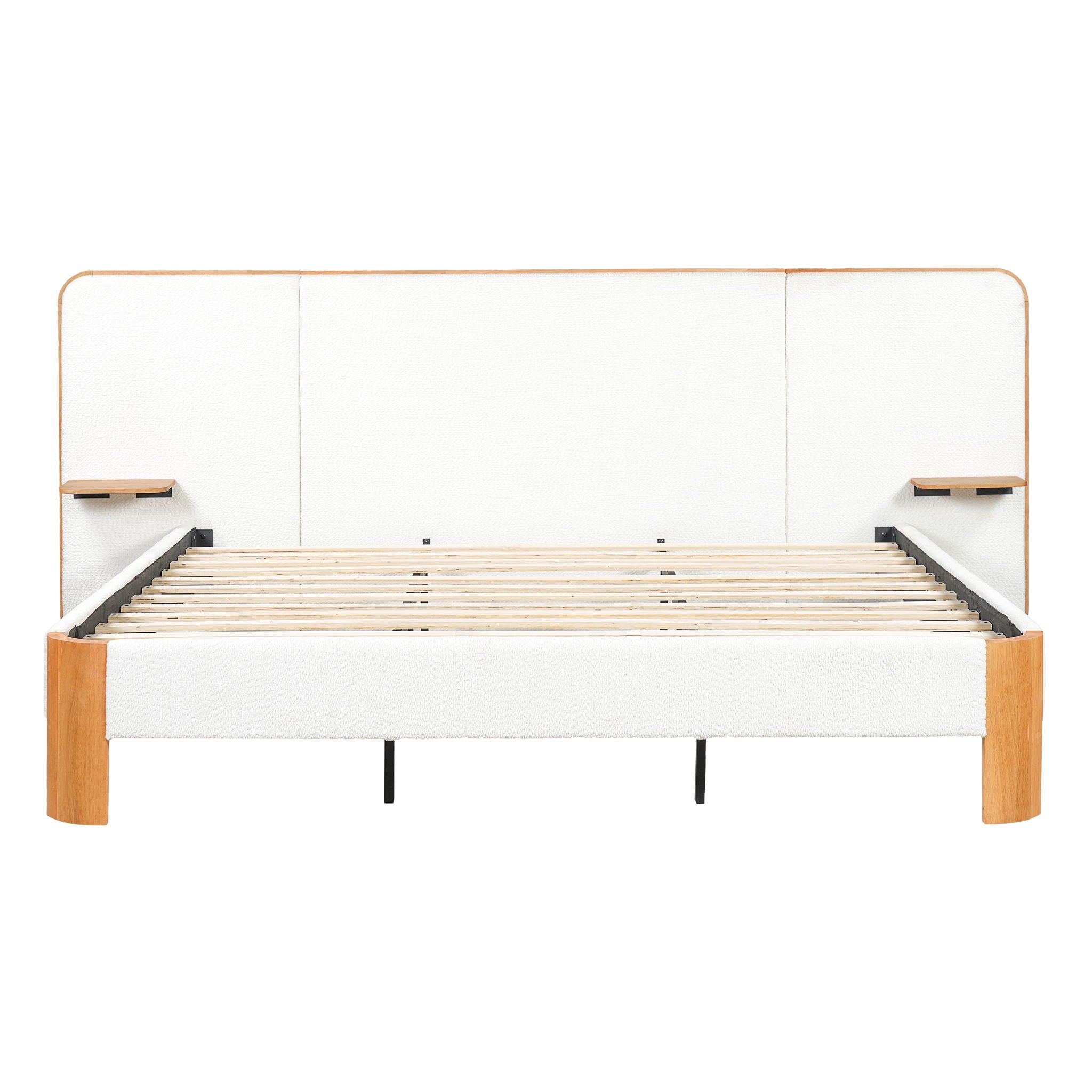 Upholstered Platform Bed Frame With Curved Headboard, Built-In Floating Shelves