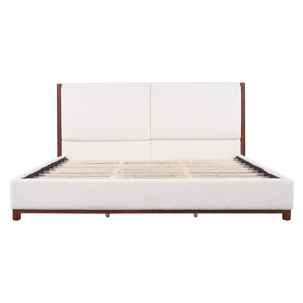 King Upholstered Bed Frame, No Box Spring Needed - Walnut / White