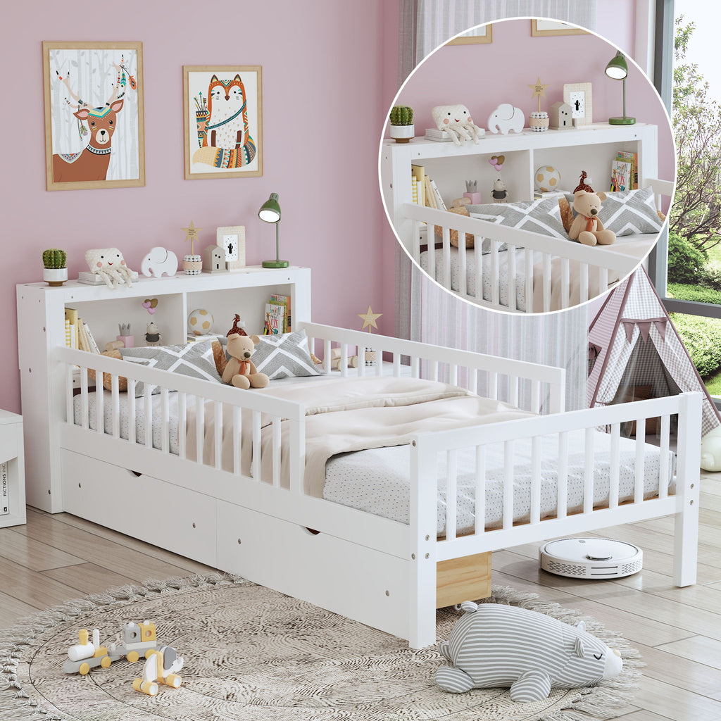 Bed With Headboard Storage Rack, 2 Under Bed Drawers, 3 Side Guardrails For Safety