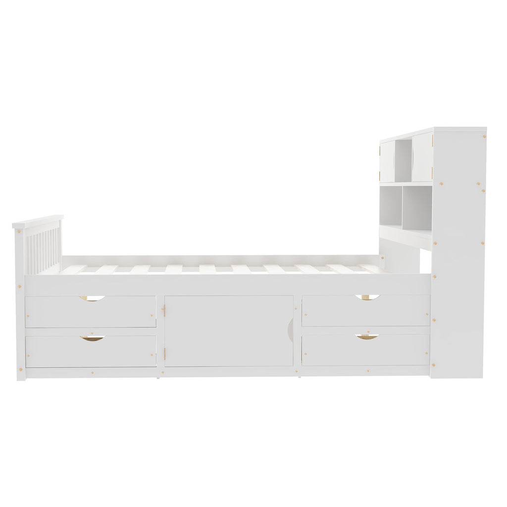 Captain Platform Bed Frame With Bookcase Headboard, 4 Drawers, Storage Shelves