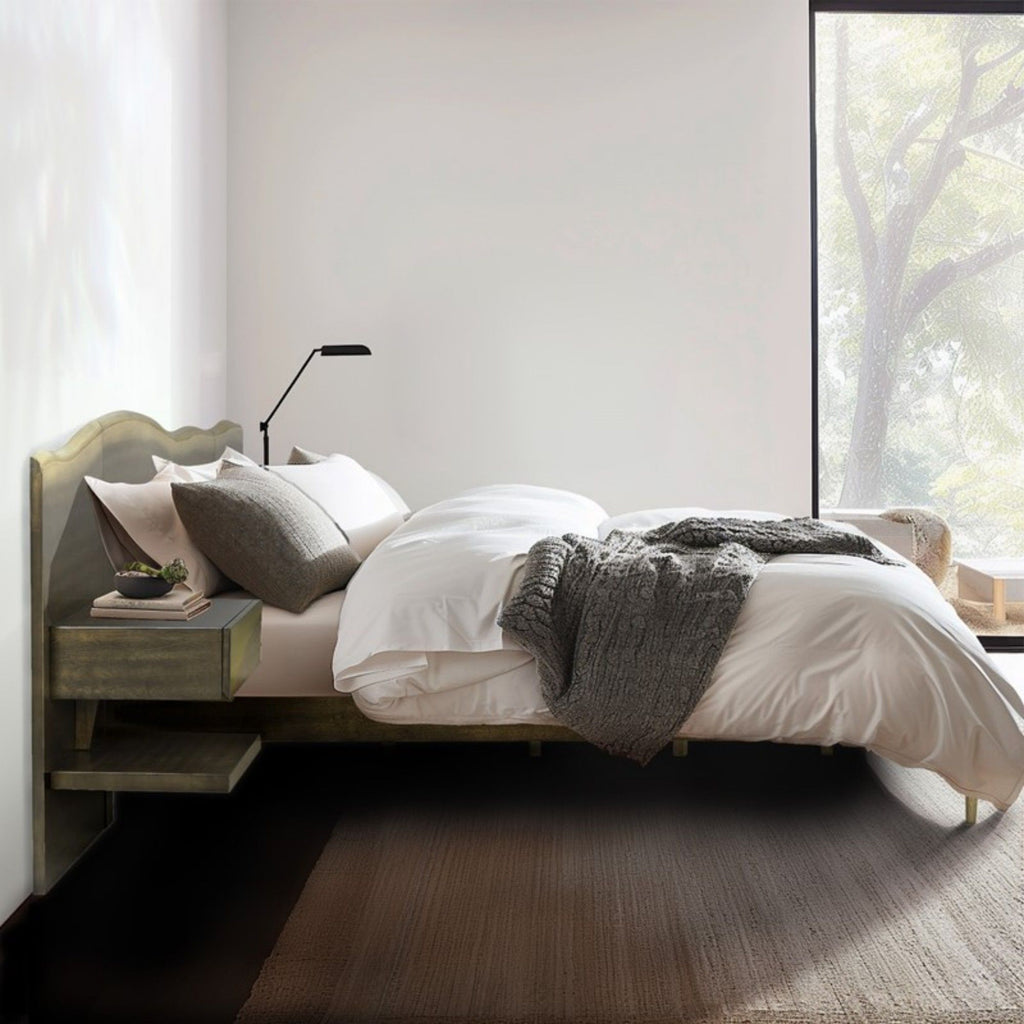 Queen Size Platform Bed Frame With Live Edge Headboard, Built In Nightstands - Dark Brown