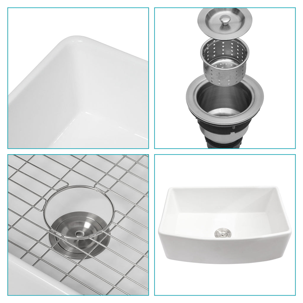 Ceramic Farmhouse Sink, Apron Front Single Bowl With Arch Edge