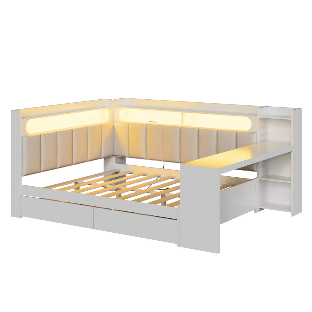 Daybed With Upholstered Headboard, Storage Shelves, Drawers, Charging Station, LED Light, And Adjustable Desk