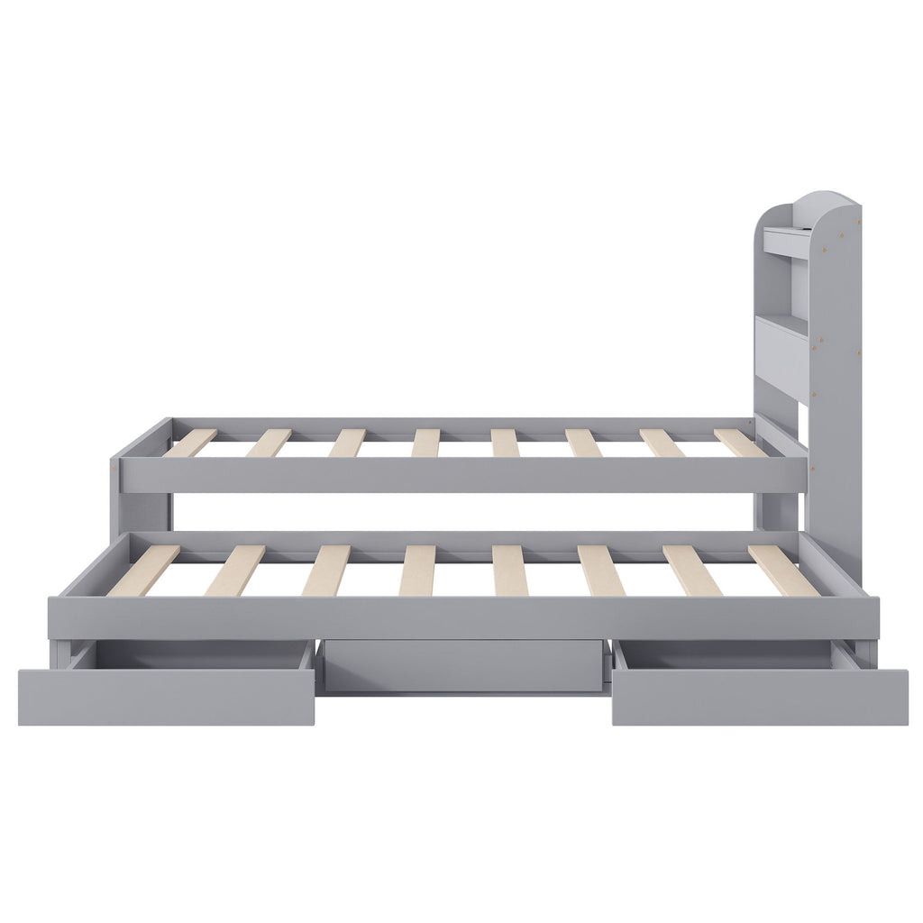 Platform Bed With LED Headboard, Charging Station, Trundle And 2 Drawers