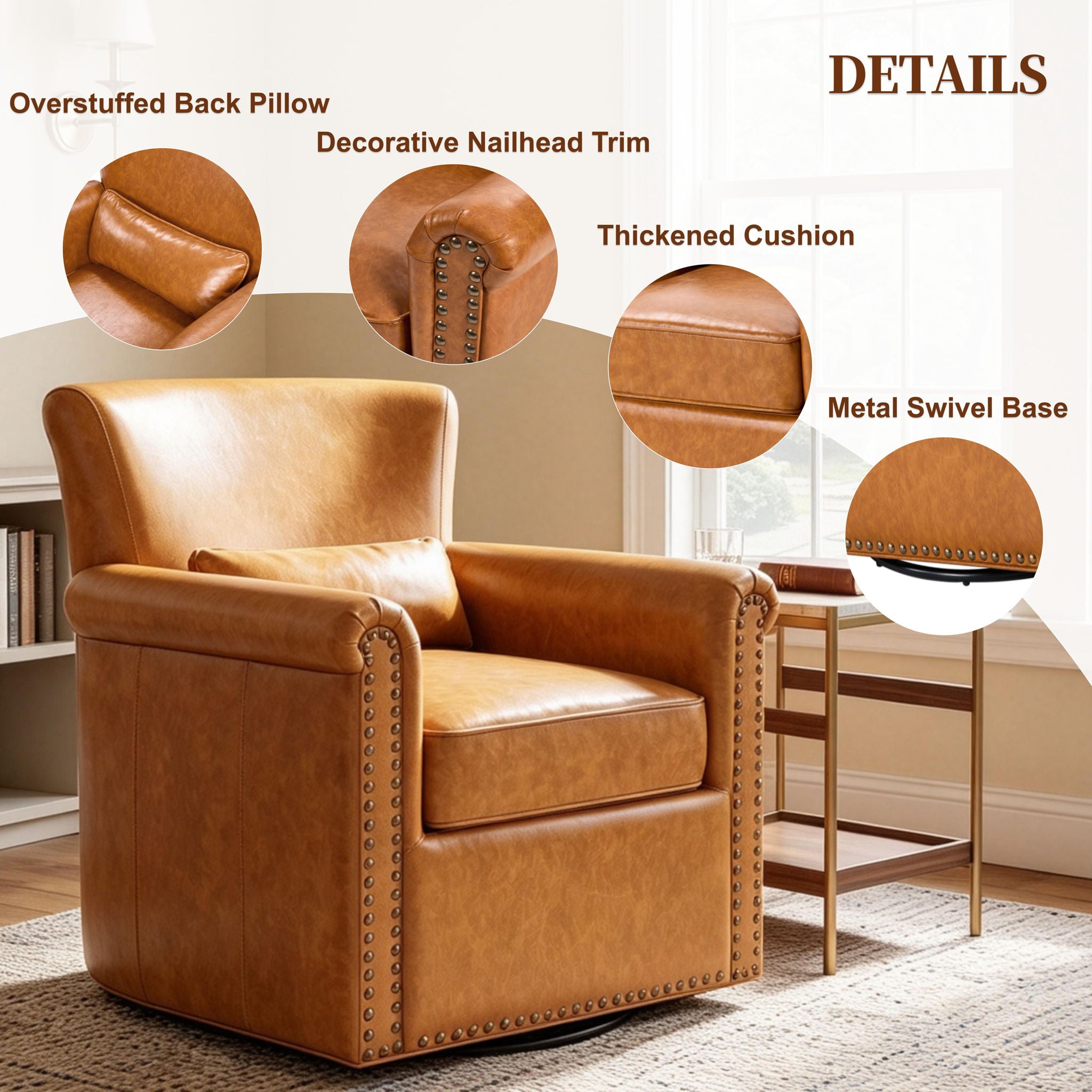 Swivel Accent Chair With Rolled Arm, Sewn Pillow Back, Nailhead Trim For Living Room