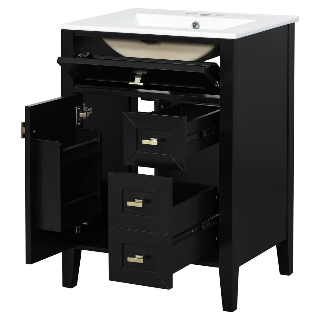 Bathroom Vanity With Sink, 3 Drawers & Cabinet With 2 Tier Door Storage Rack, Soft Close Doors & Drawers