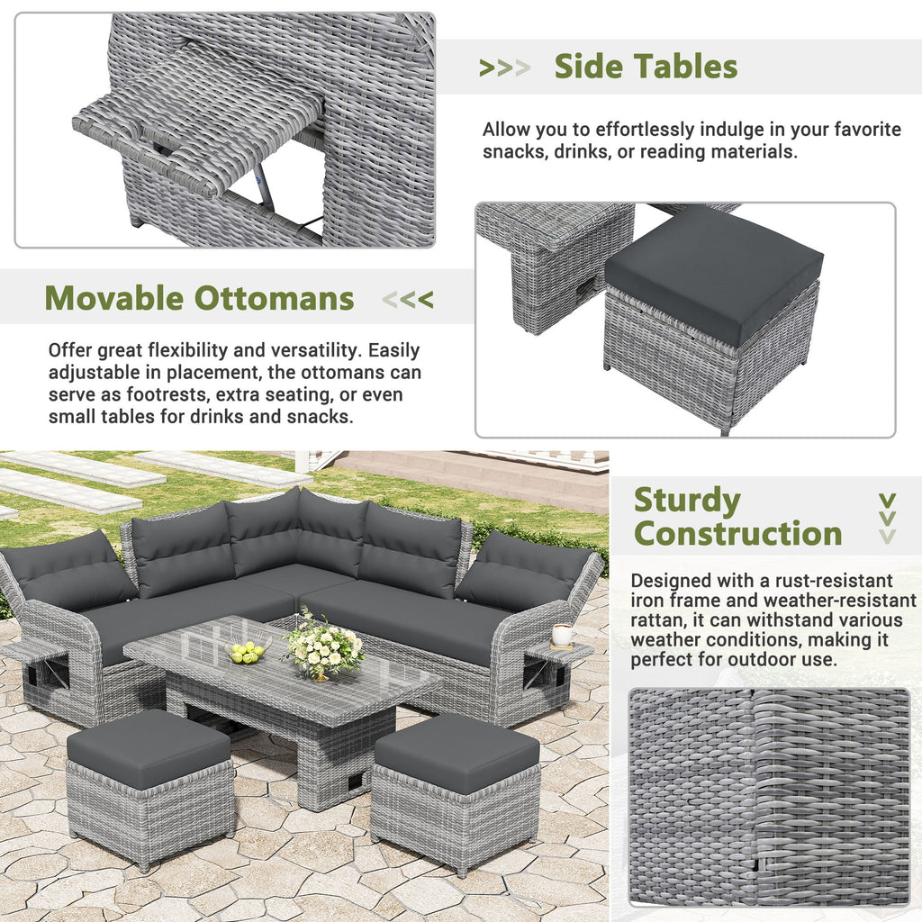 Outdoor Furniture Set Patio Rattan Furniture Set With Adjustable Table, Recliners With Extendable Side Tables And 2 Ottomans