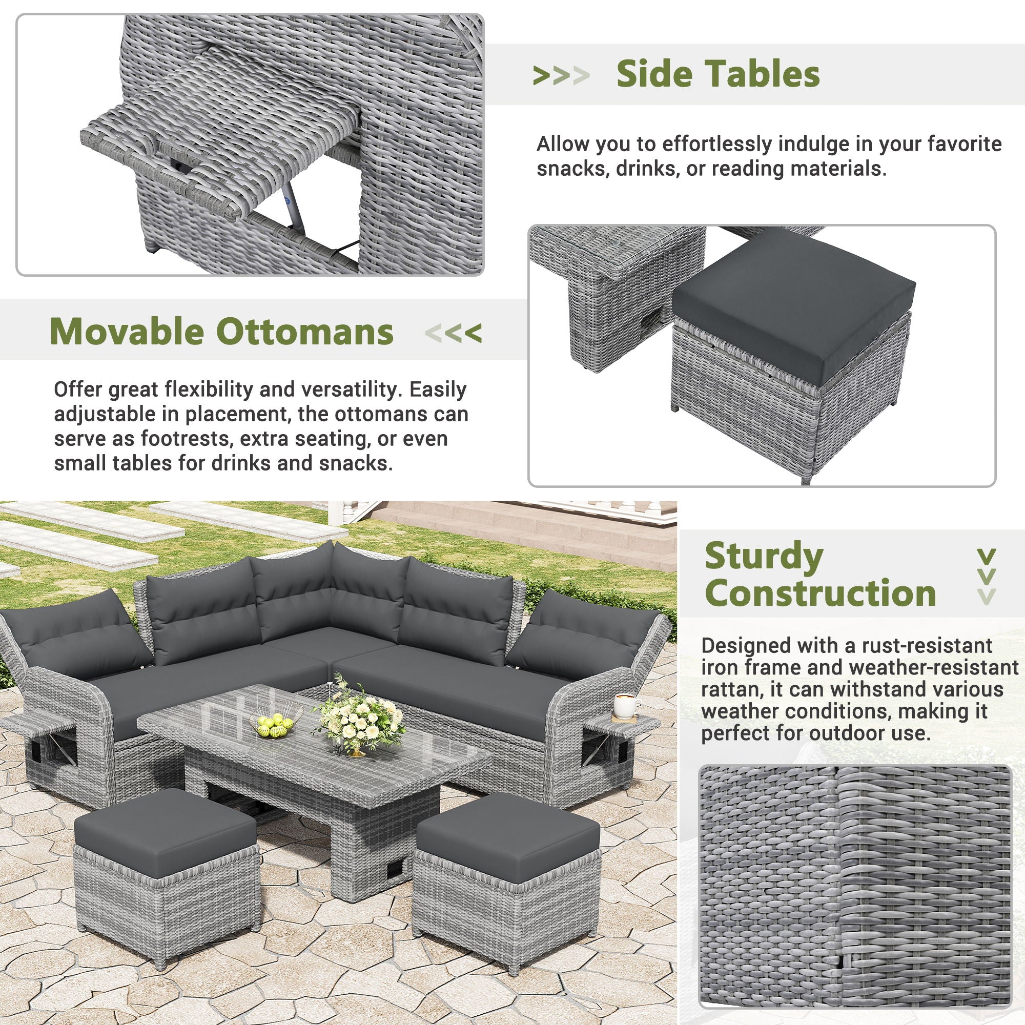 Outdoor Furniture Set Patio Rattan Furniture Set With Adjustable Table, Recliners With Extendable Side Tables And 2 Ottomans