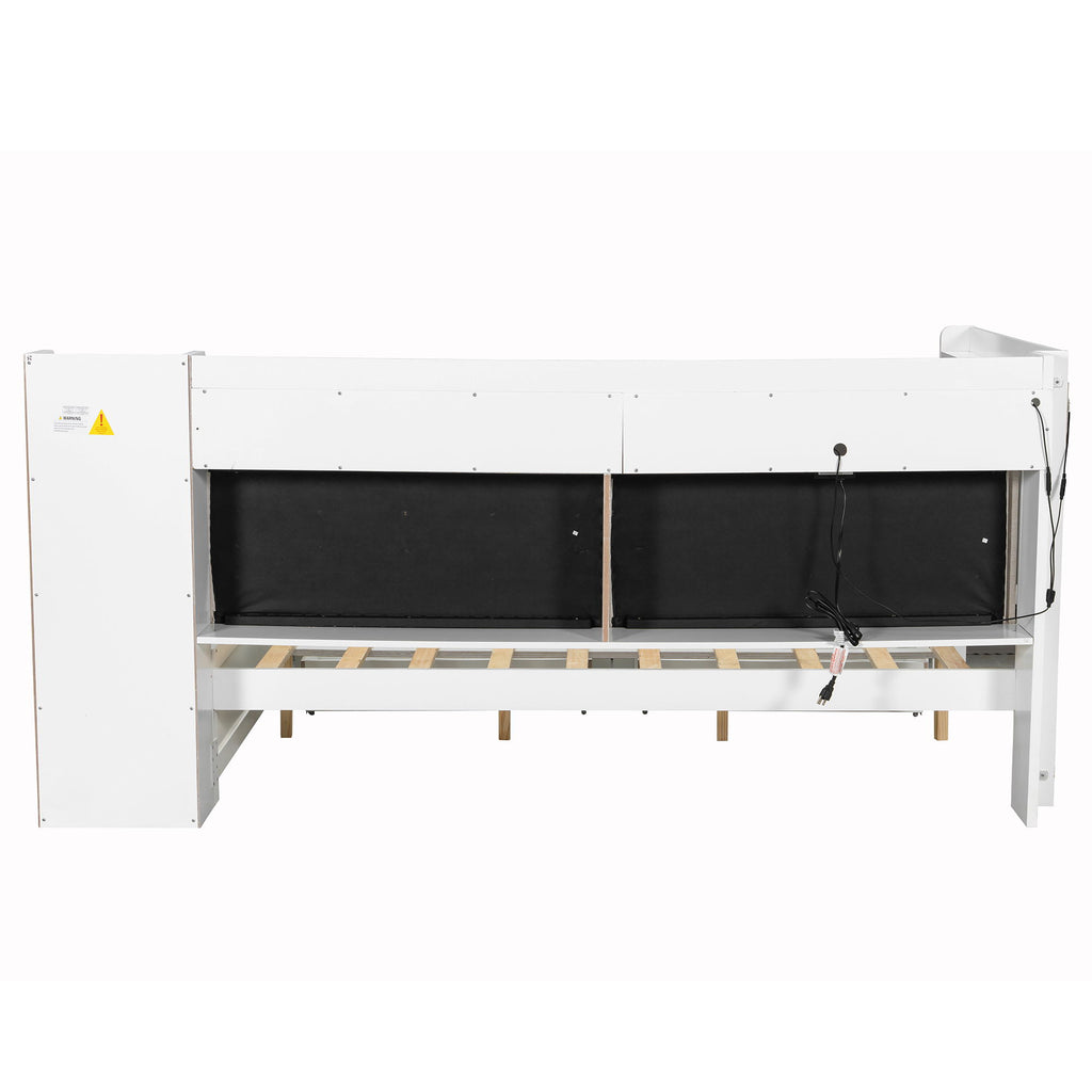 Daybed With Upholstered Headboard, Storage Shelves, Drawers, Charging Station, LED Light, And Adjustable Desk