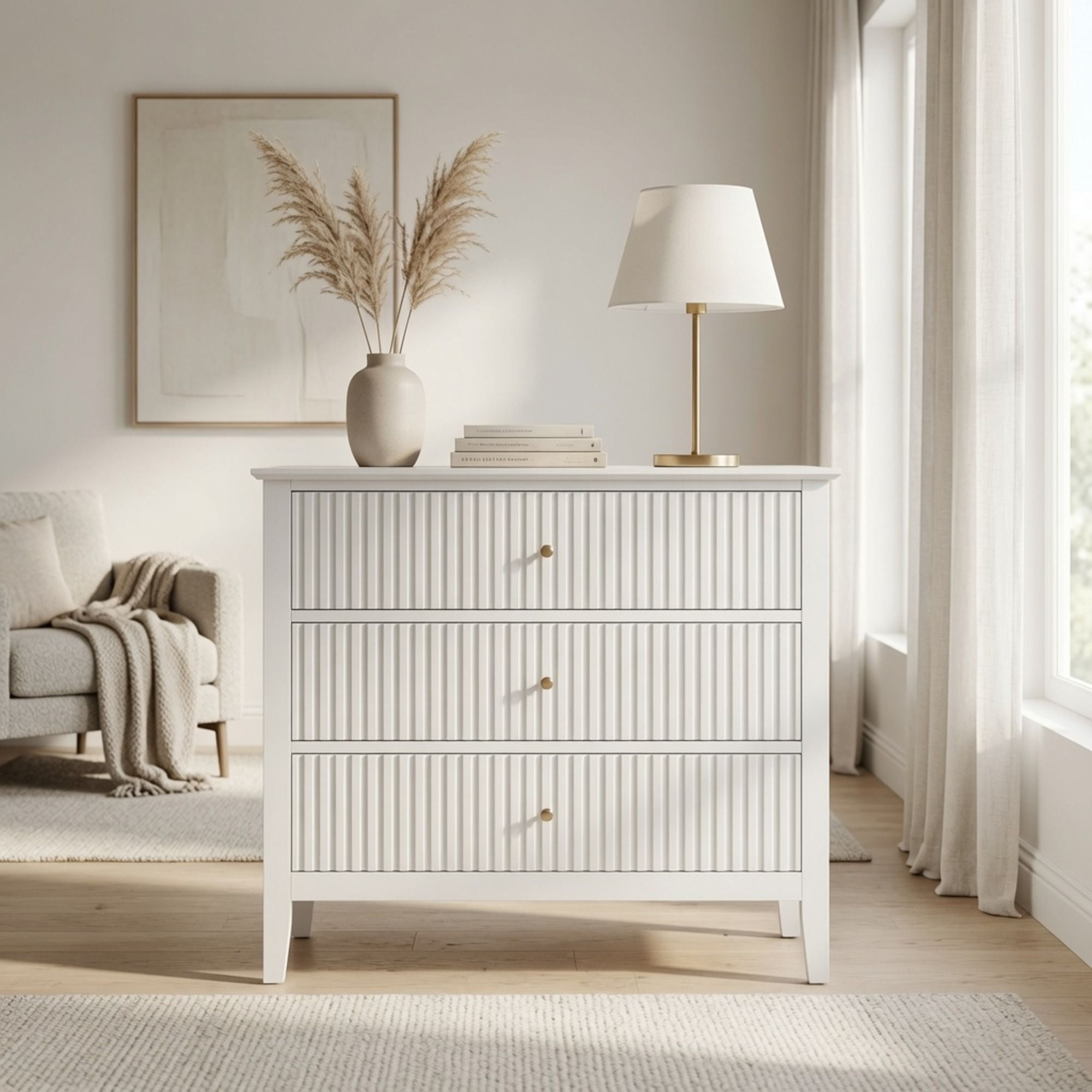 3 Drawer Nightstand, Wide With Soft Close Slides - White