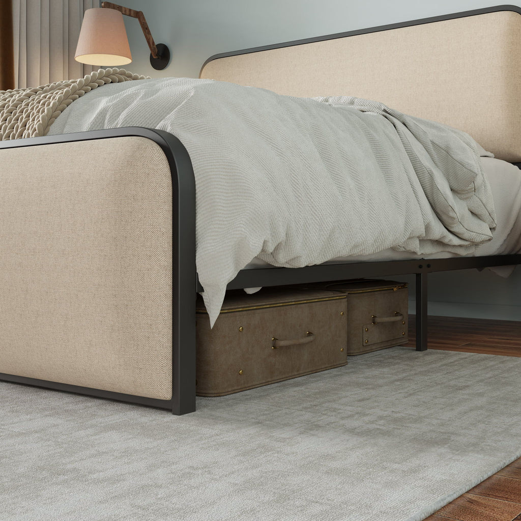 Modern Bed With Curved Upholstered Headboard And Footboard, Heavy Duty Metal Slats
