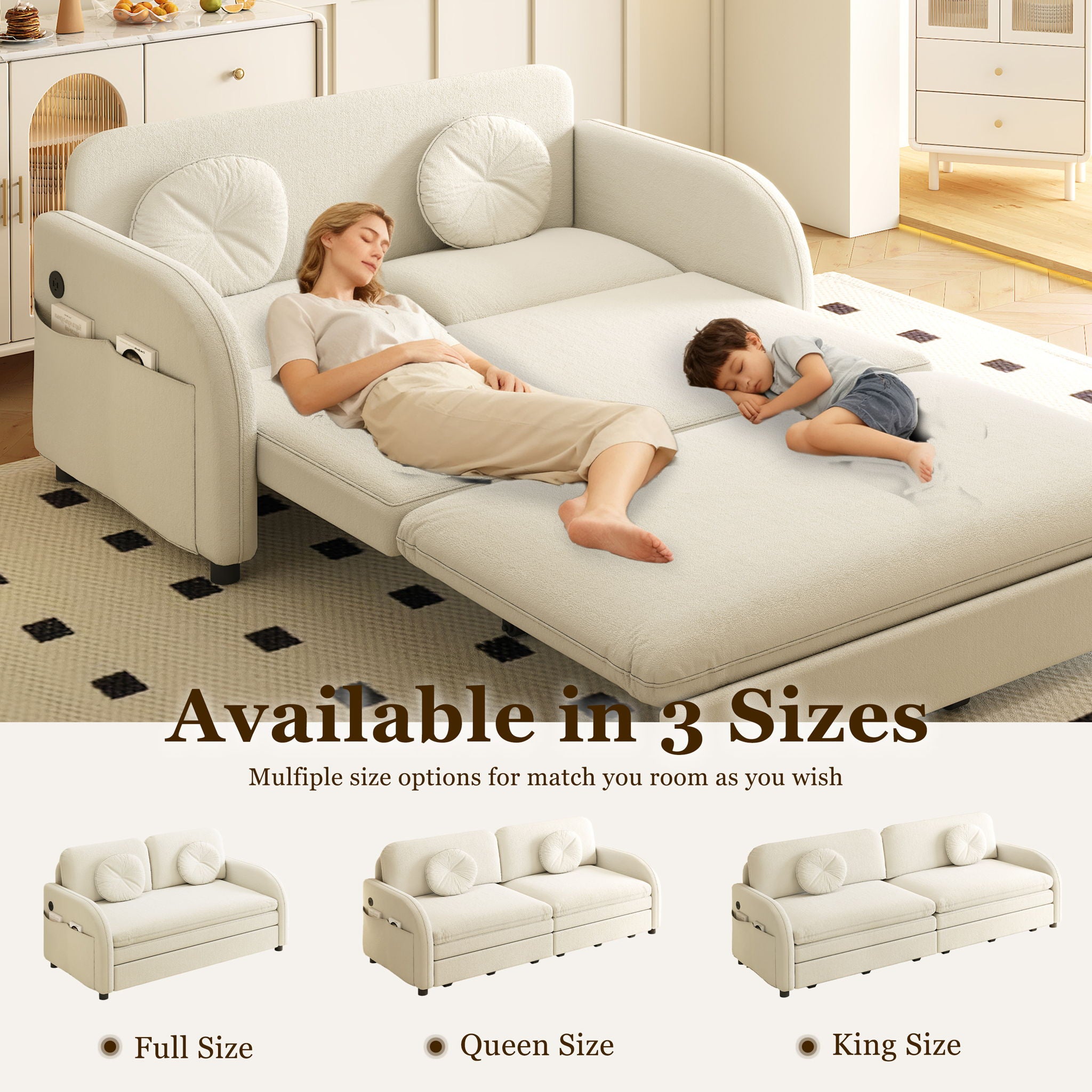 Upholstered Pull Out Couch With Side Pocket & USB Port