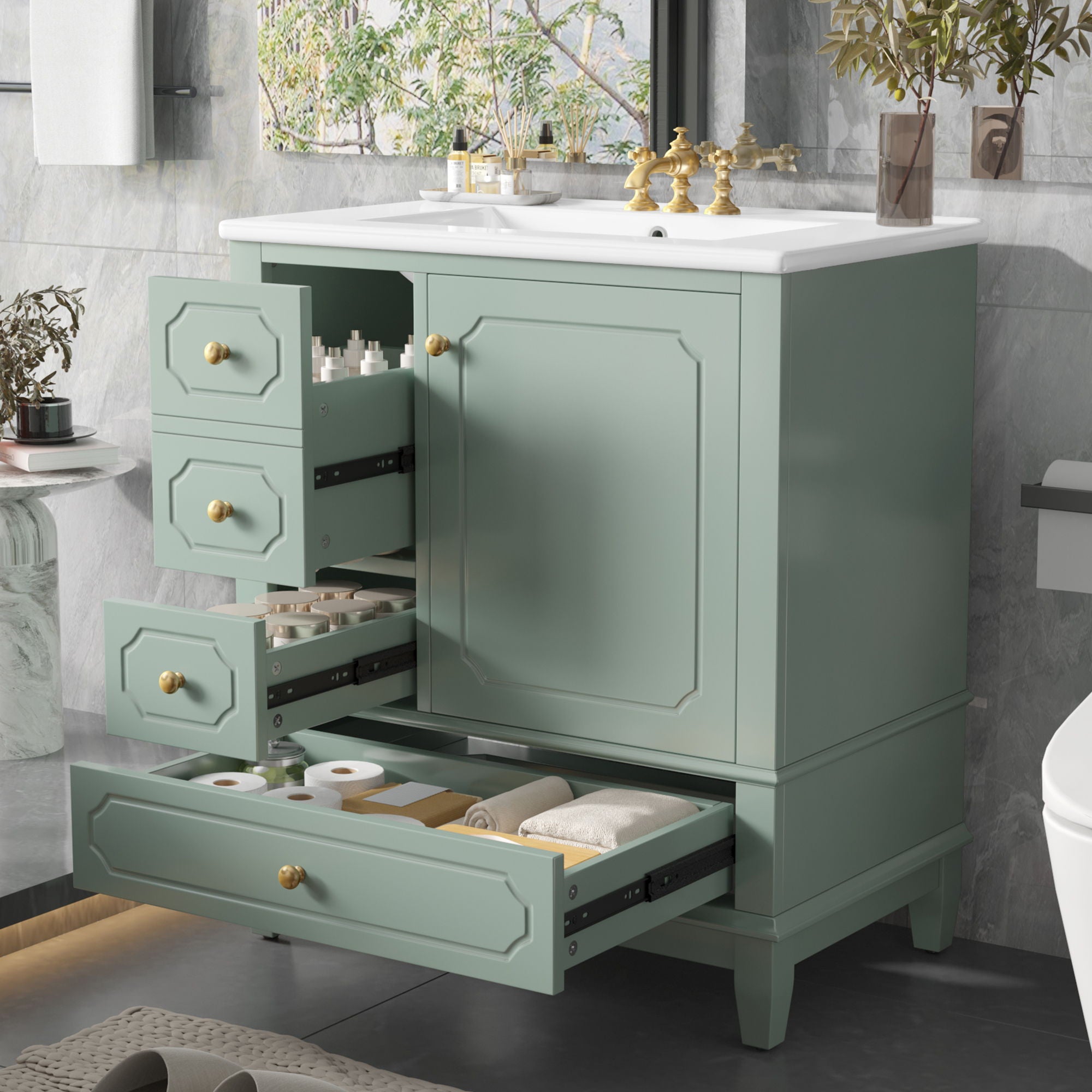 Bathroom Vanity With Sink, Freestanding Vanity Cabinet With Ceramic Basin, Soft Close Door, 3 Drawers