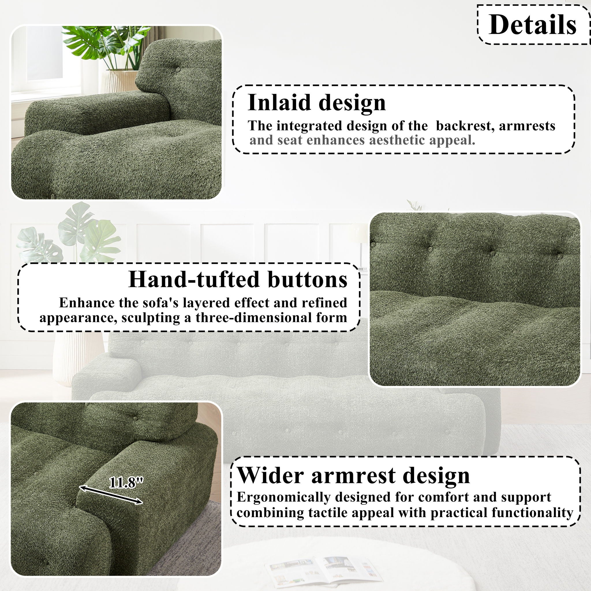 Cloud Series Minimalist Button Tufted Square Arm 3 Seater Sofa