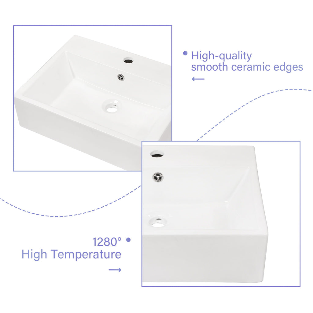 Modern Ceramic Rectangular Wall Mounted Bathroom Sink With Faucet Hole & Overflow