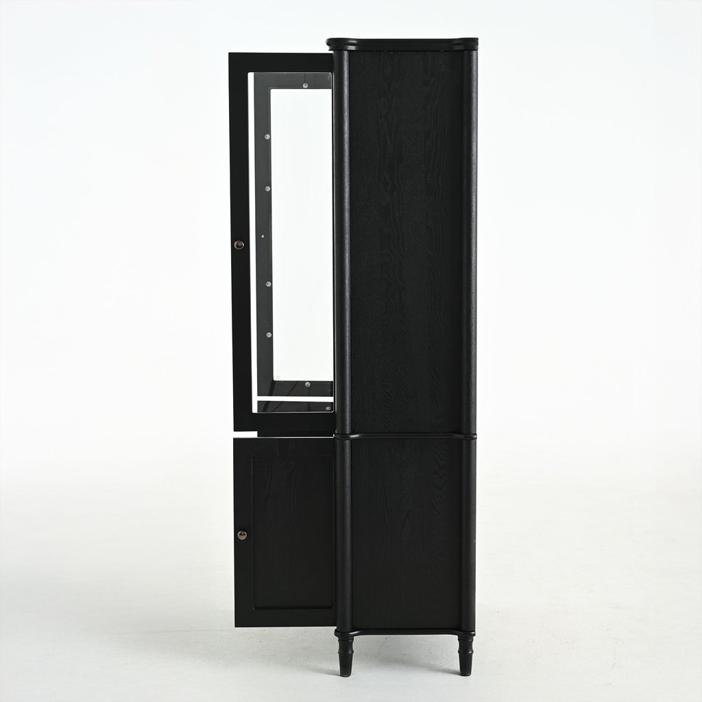 Vintage Display Cabinet With Double Glass Doors, Traditional Style For Collectibles, Ash Wood Veneer, 73.25" Tall - Black / Natural