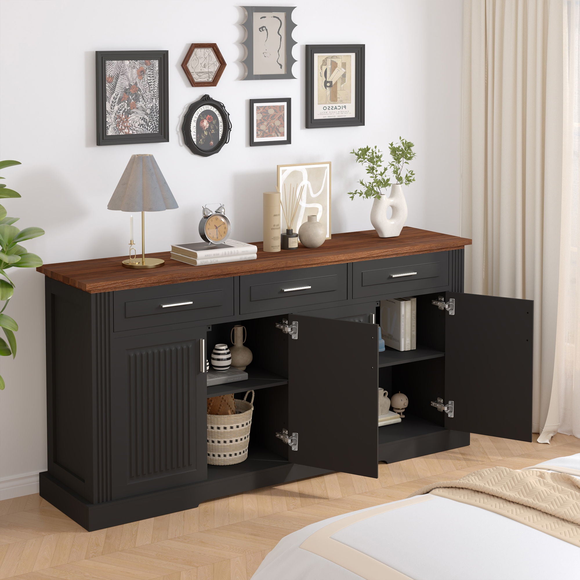 Fluted Sideboard Buffet Cabinet With 4 Doors And 3 Drawers
