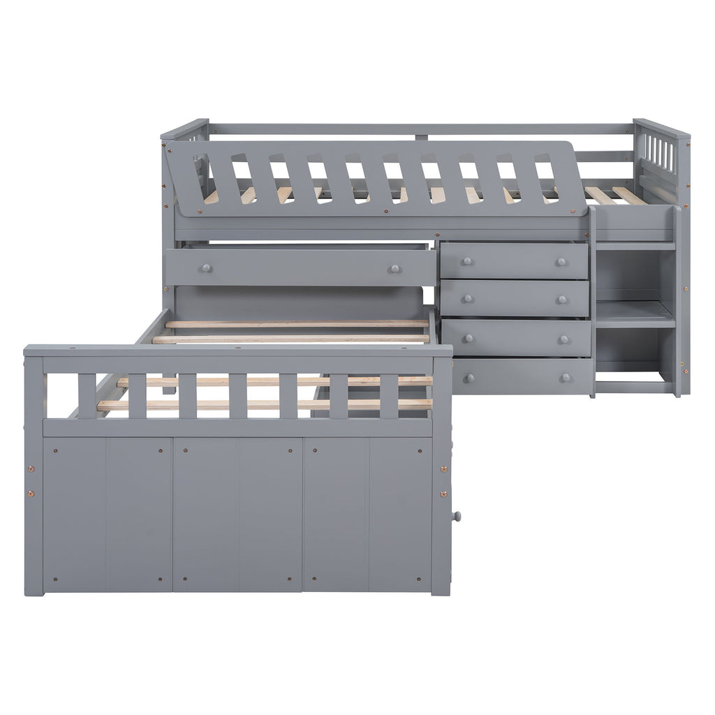 Loft Platform Bed With 7 Drawers And Full Guardrails, Modern L Shaped Space Savin
