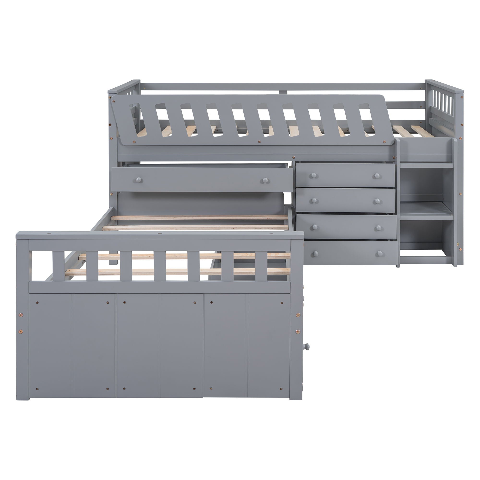 Loft Platform Bed With 7 Drawers And Full Guardrails, Modern L Shaped Space Savin