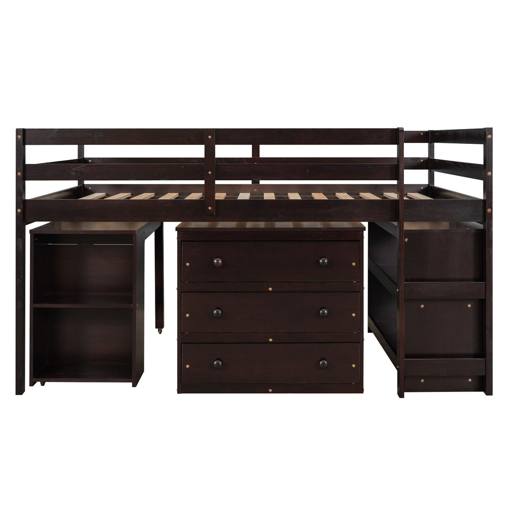 Loft Low Study Bed With Cabinet, Shelves And Rolling Portable Desk, Multiple Functions