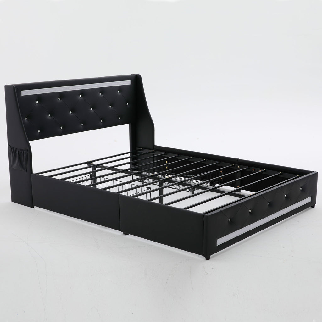 Wingback Upholstered Bed Frame With LED Lights, Charging Station