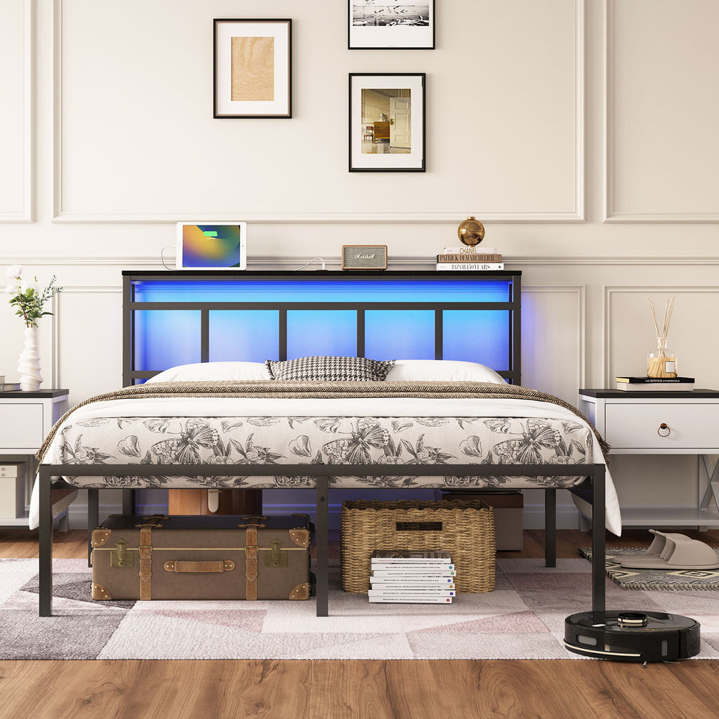 Bed Frame With Storage Headboard With USB C, Type C And LED Light