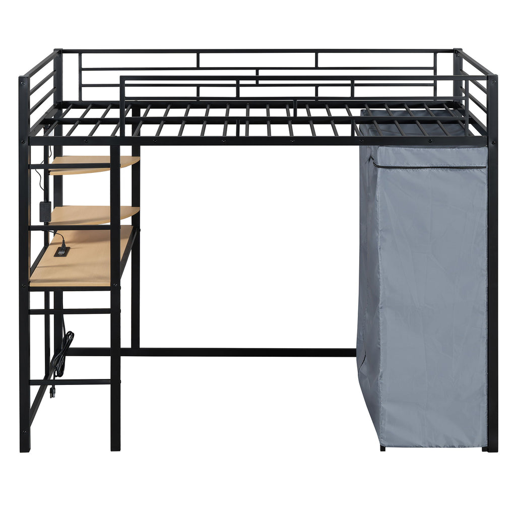 Loft Bed With Desk, Shelves, Power Outlet, LED Light And Wardrobe