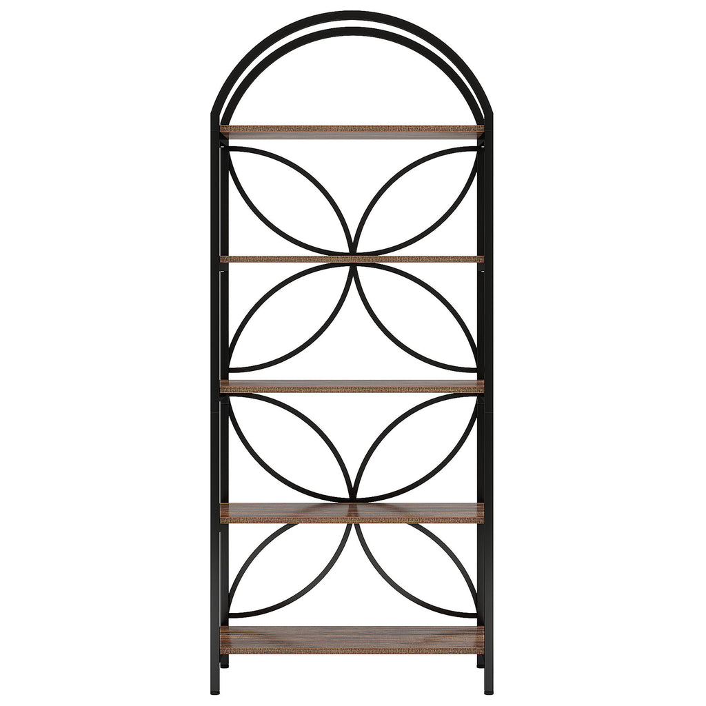 Tall 5 Tier Arched Bookshelf With Shelves For Living Room - Rustic Brown