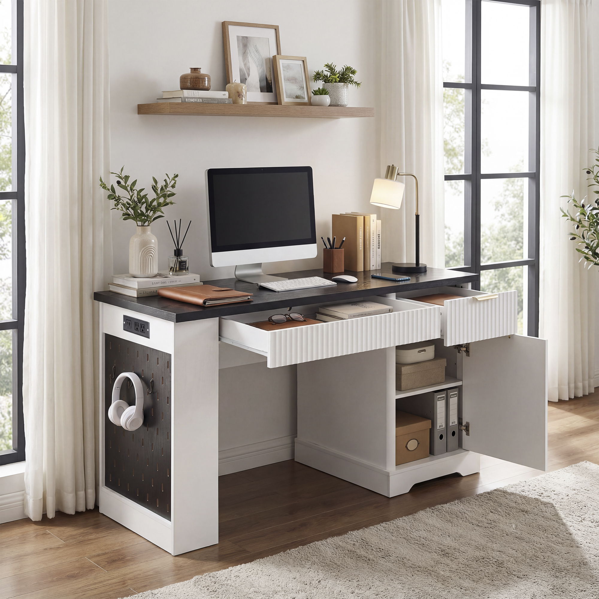 Modern Fluted Office Desk With Storage Cabinet