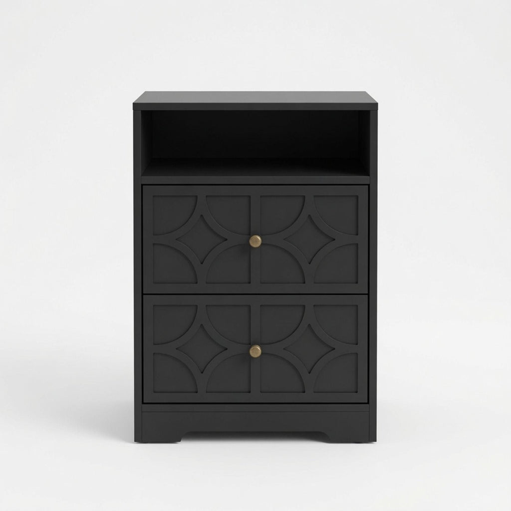Nightstand With Diamond Carvings Handles, 2 Drawers & Charging Station