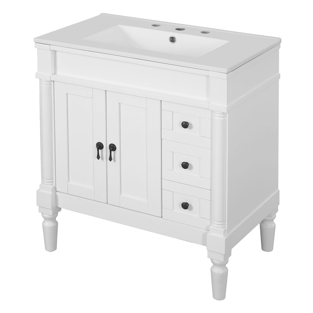 Bathroom Vanity With Ceramic Sink, 2 Doors 3 Drawers, Soft Close Design
