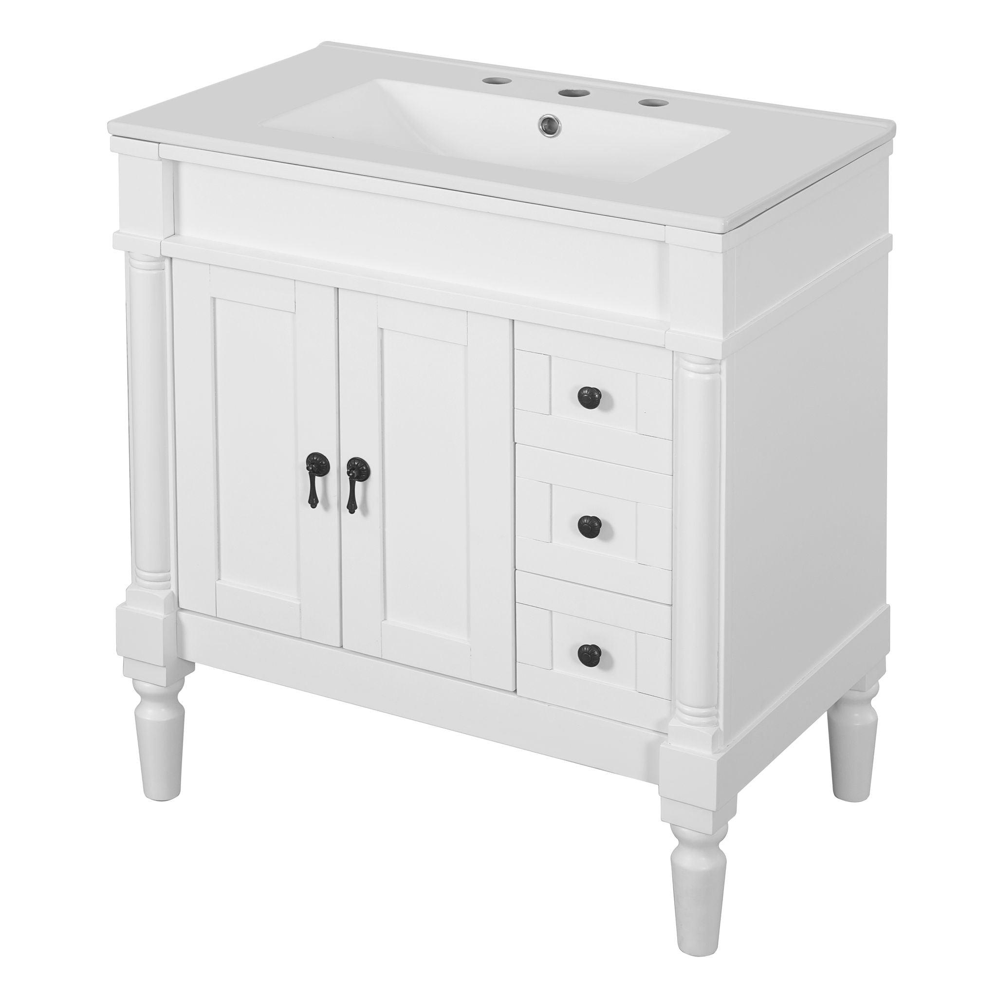 Bathroom Vanity With Ceramic Sink, 2 Doors 3 Drawers, Soft Close Design