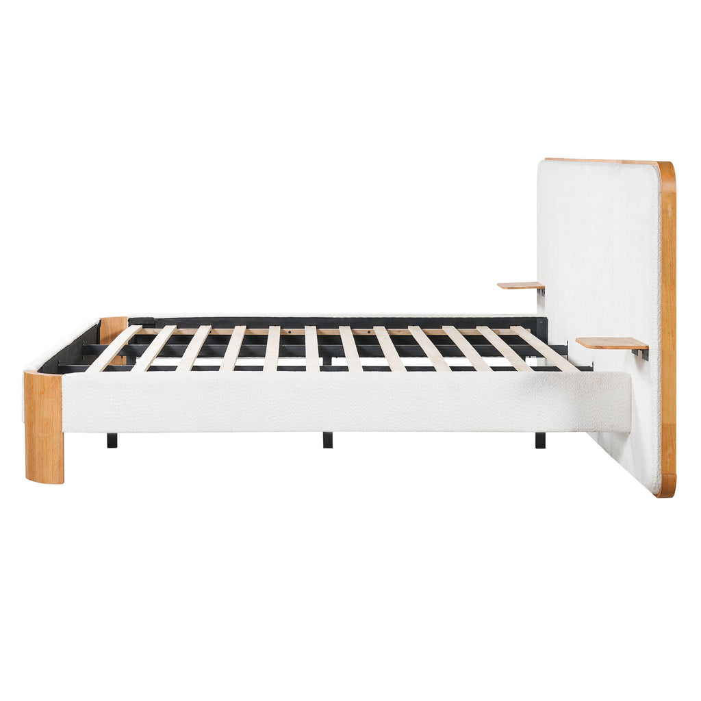 Upholstered Platform Bed Frame With Curved Headboard, Built-In Floating Shelves
