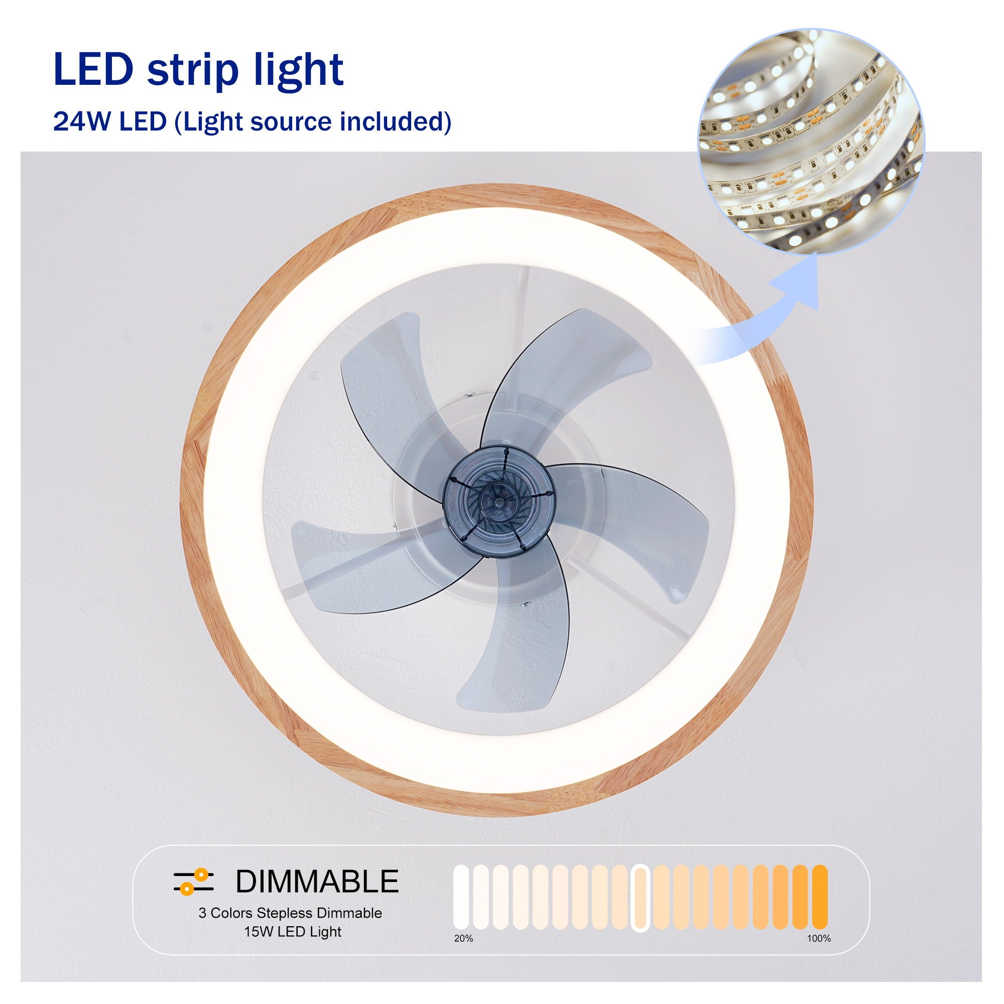 Ceiling Fans With LED Light Source And Remote Control, 3000 - 6500K Dimmable, 6 Speeds, Quiet DC Motor For Living Room - Natural Wood / White