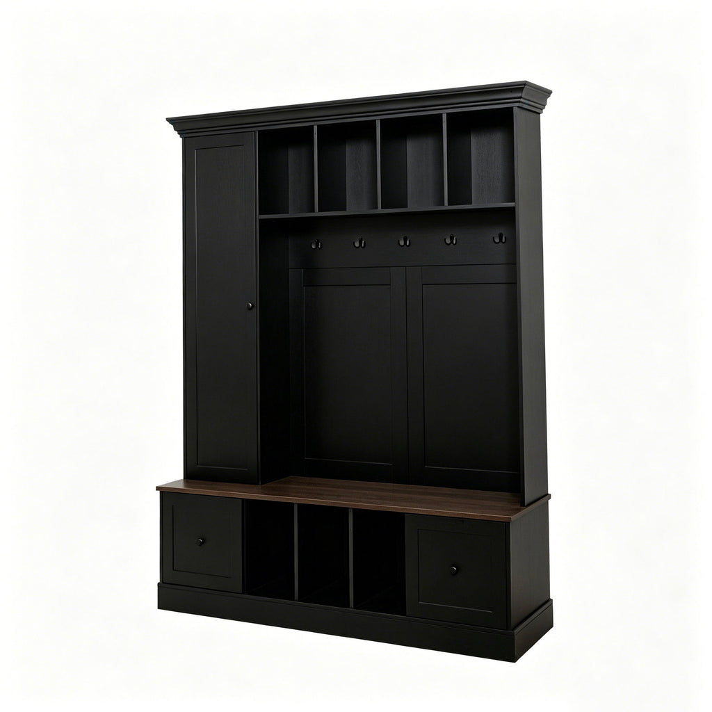 Hall Tree With Shoe Storage Bench, Entryway Coat Rack With 5 Hooks