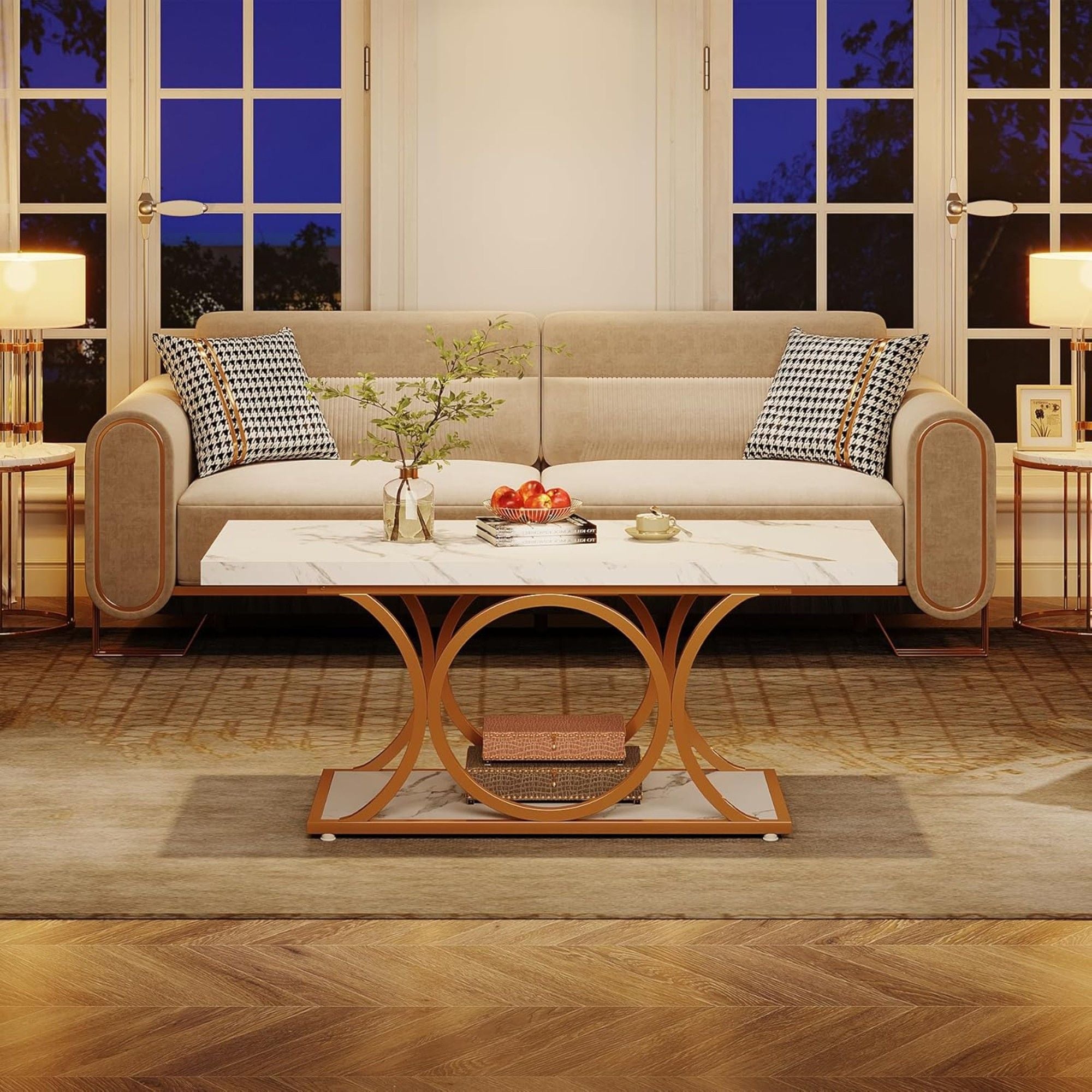 Rectangle Coffee Table, 2 Tier With Geometric Legs, Furniture With Storage Shelf - White / Gold