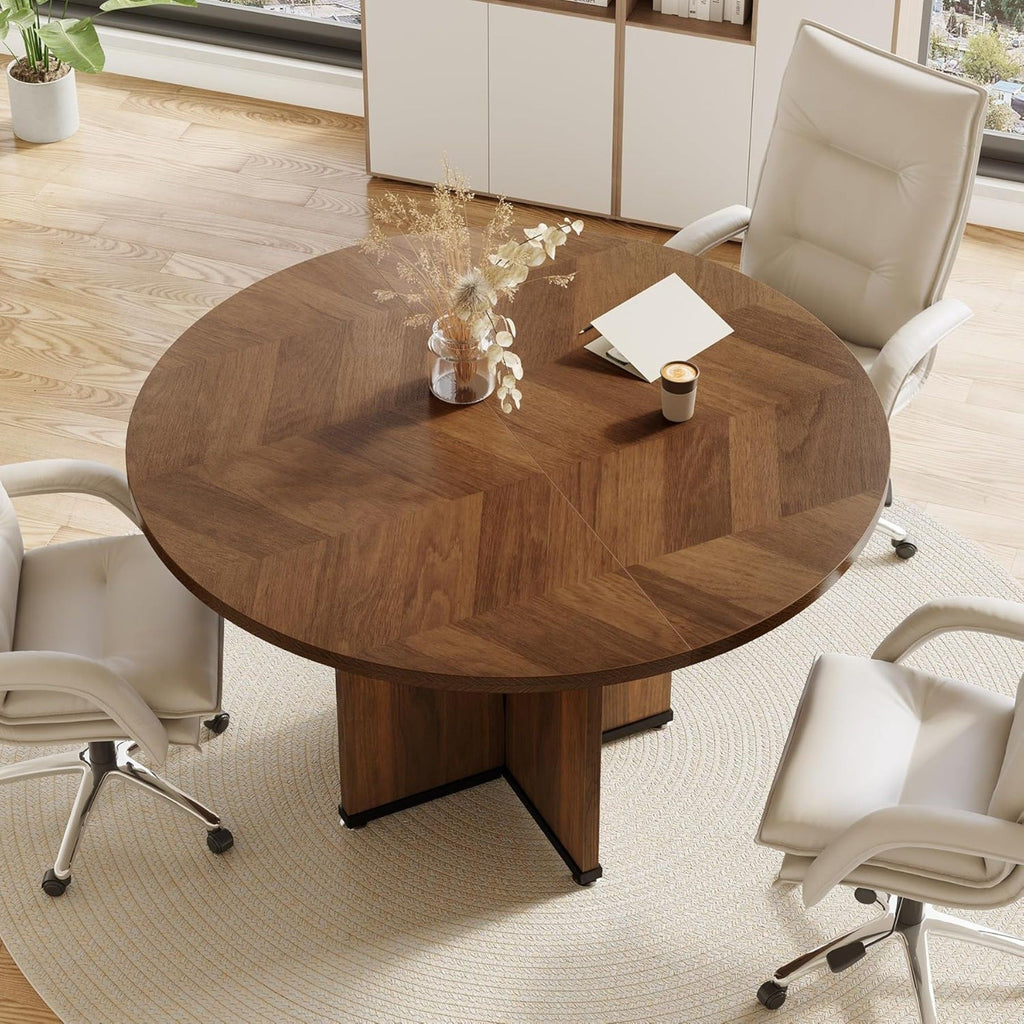 Round Conference Table With X Base - Dark Brown