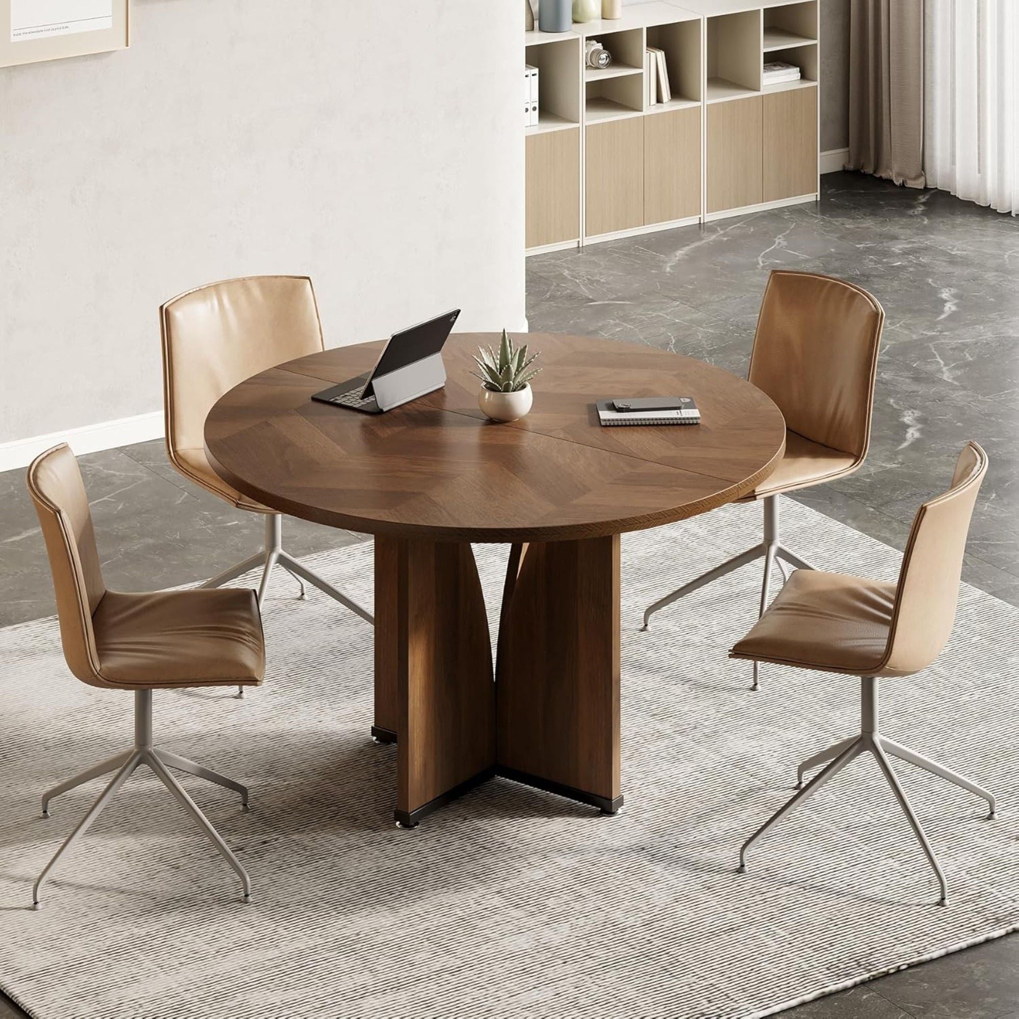 Round Conference Table With X Base - Dark Brown