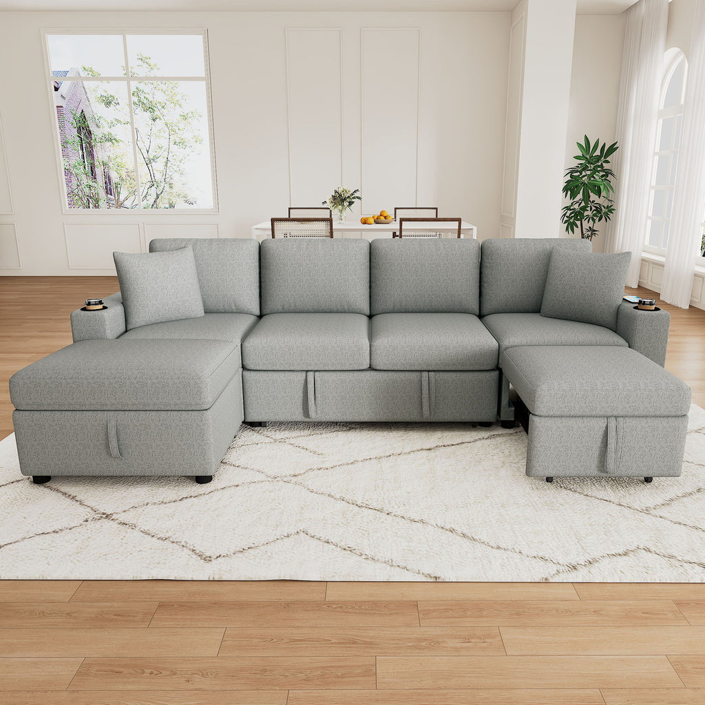 Sectional Sofa Convertible Pull-Out Bed With Storage Ottoman & USB Ports