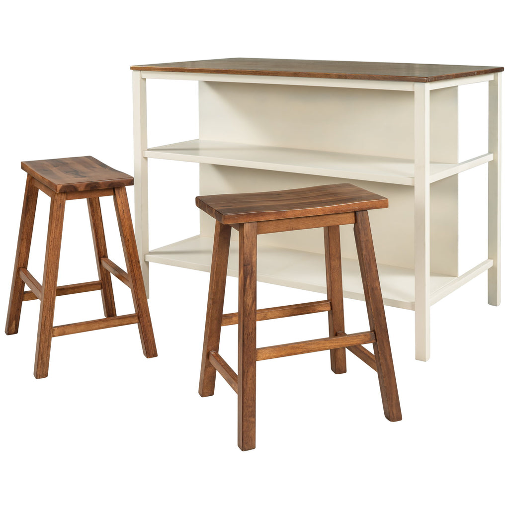 Rustic 3 Piece Stationary Kitchen Island Set With 2 Seatings, With 2 Open Shelves