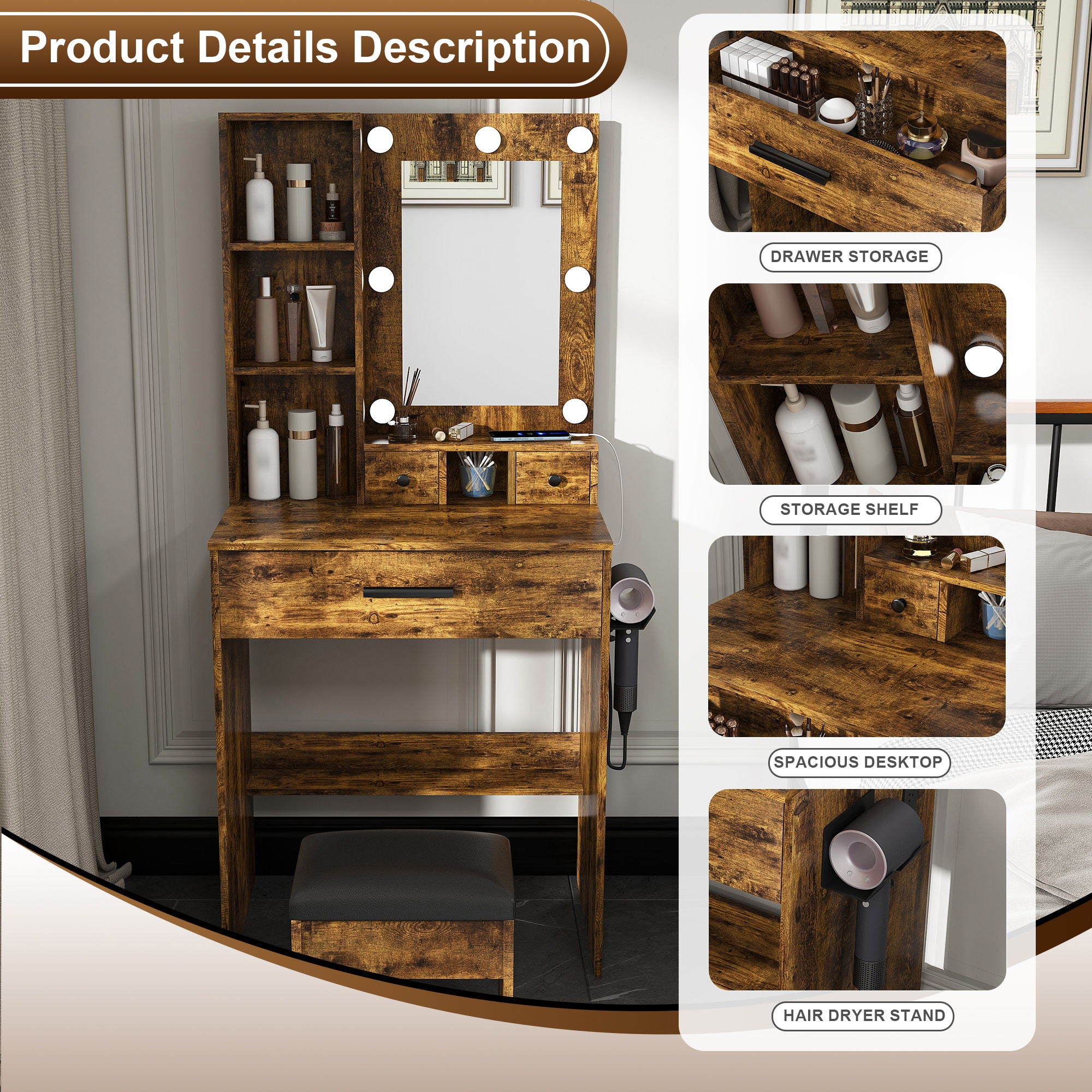 Vanity Table With Mirror, Adjustable LED Lights, Power Outlet, Hairdryer Holder & Stool