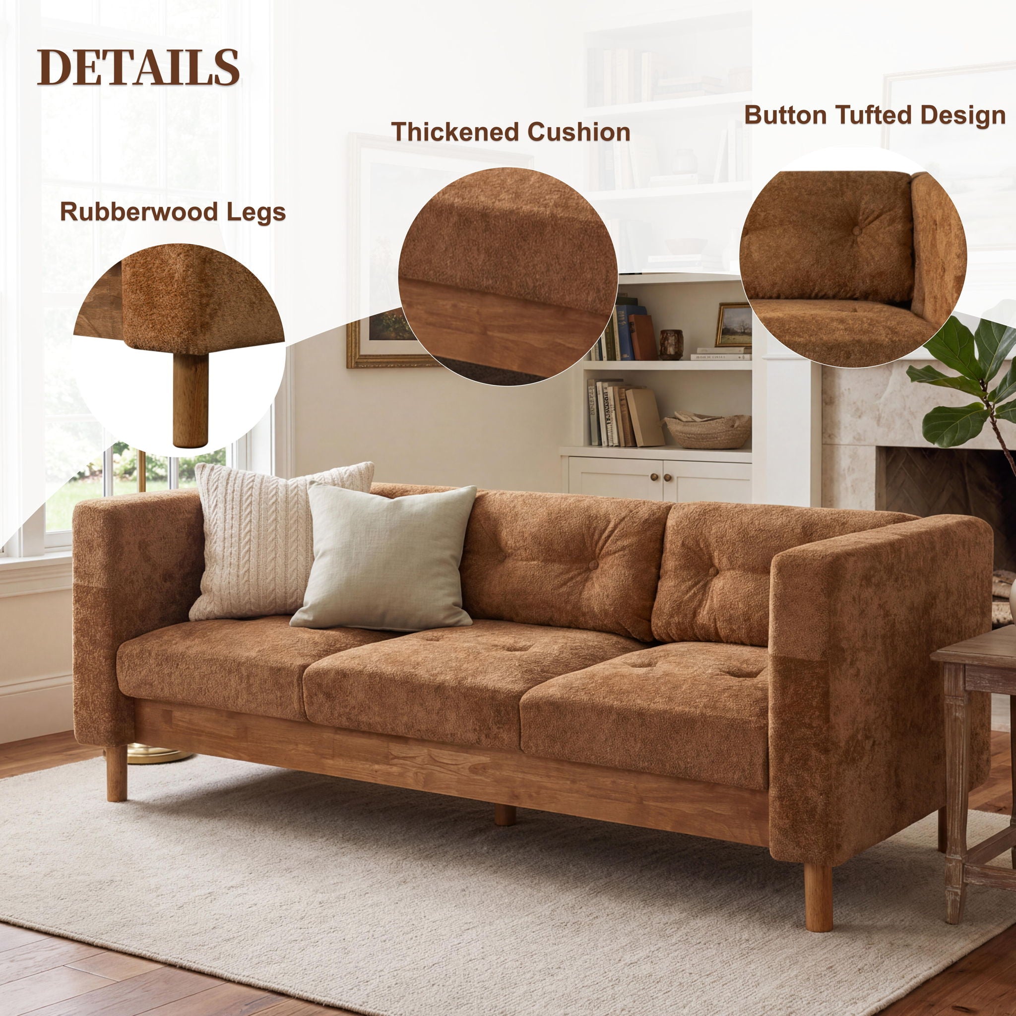 3 Seater Sofa With Square Arms, Tufted Pillow Back For Living Room