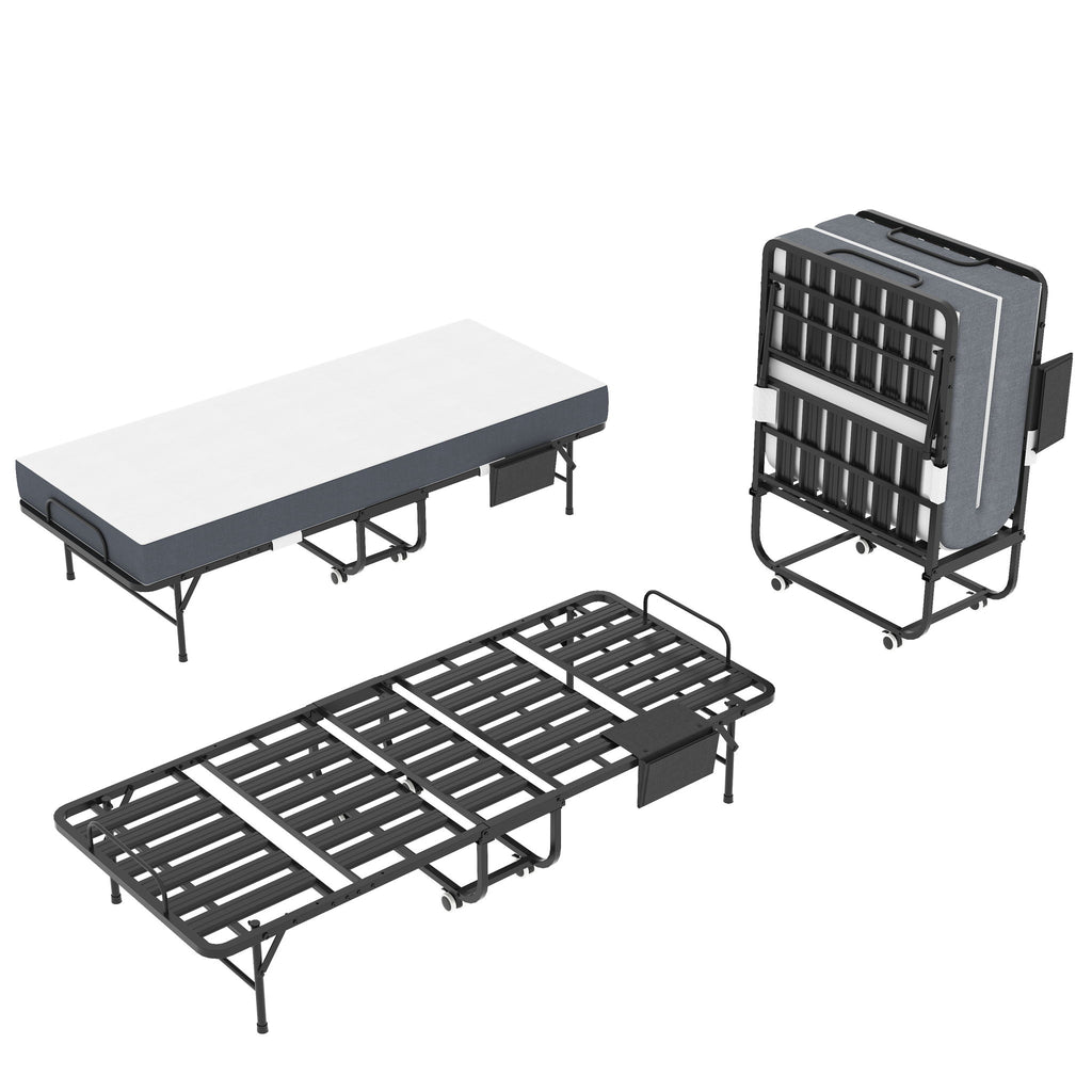 Twin Folding Bed With Memory Foam Mattress, Space Saving Rollaway Guest, On Wheels, Portable For Adults & Guests - Black