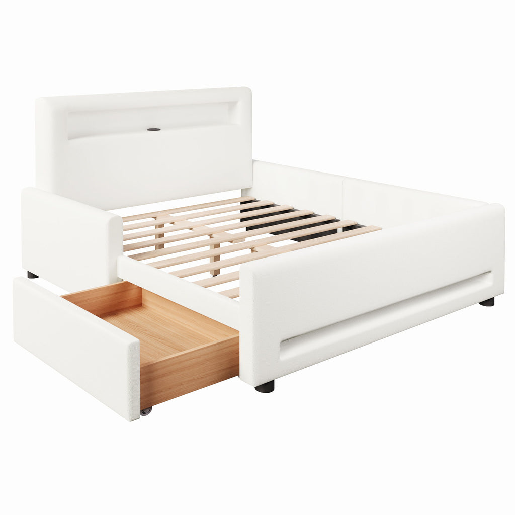 Upholstered Platform Bed With Drawer, LED Light Strip, USB Port