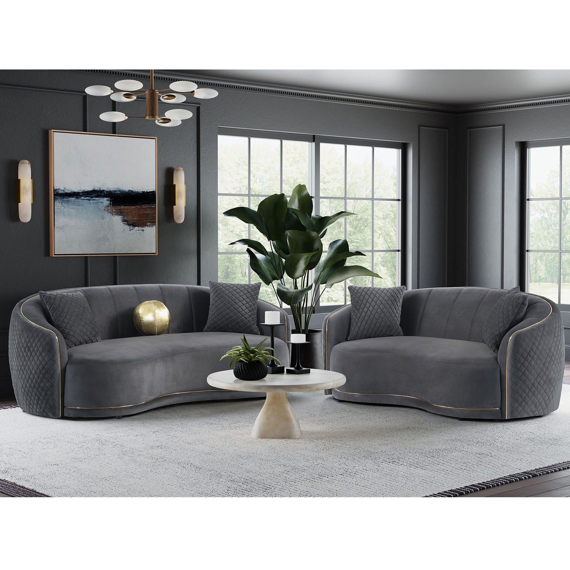 Luxe Upholstered Curved Sofa With Trim And Diamond Quilting - Dark Gray