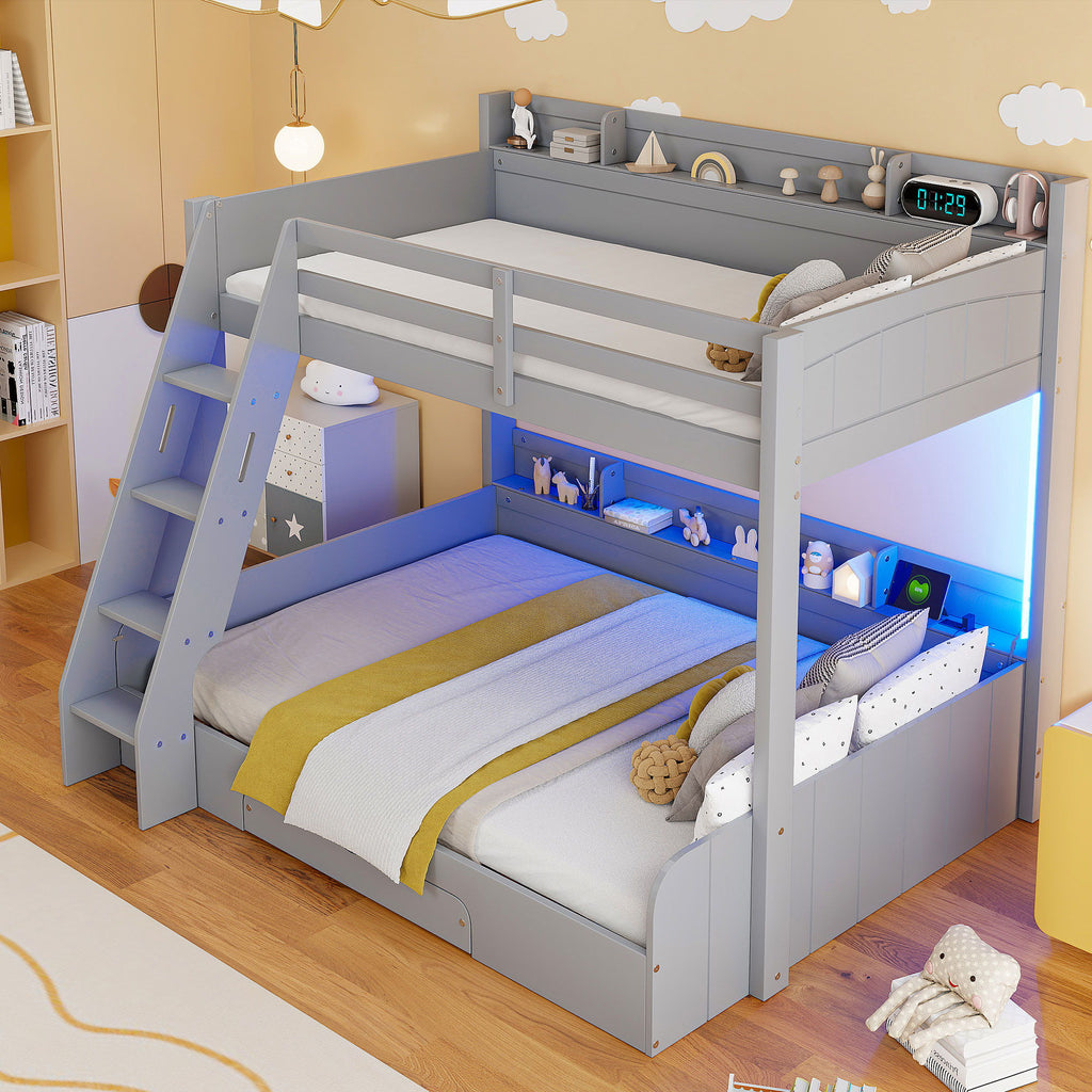 Bunk Bed With Storage Shelves, LED Lighting, Charging Station And Drawer