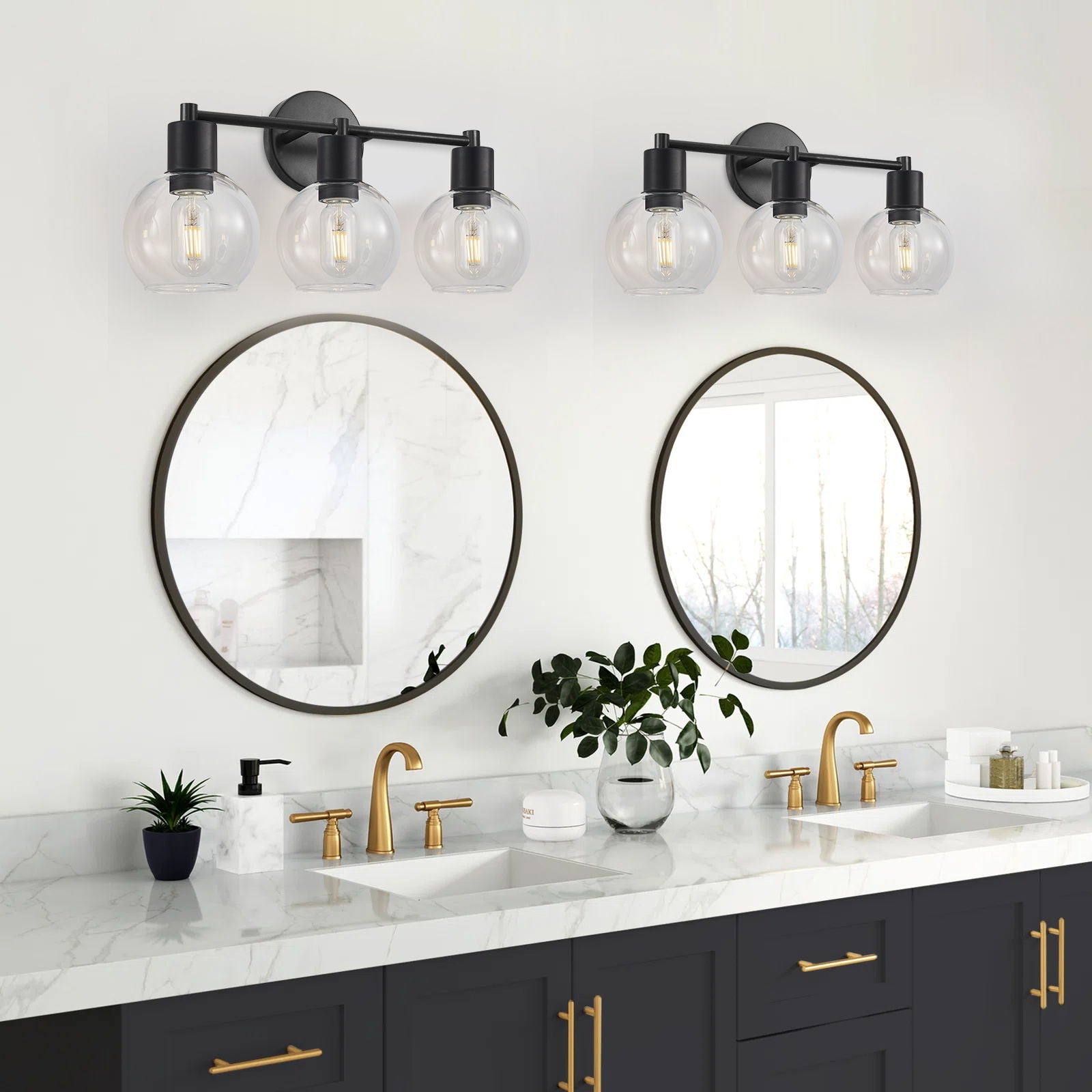 3 Light Globe Bathroom Vanity Light With Clear Glass Shades - Black