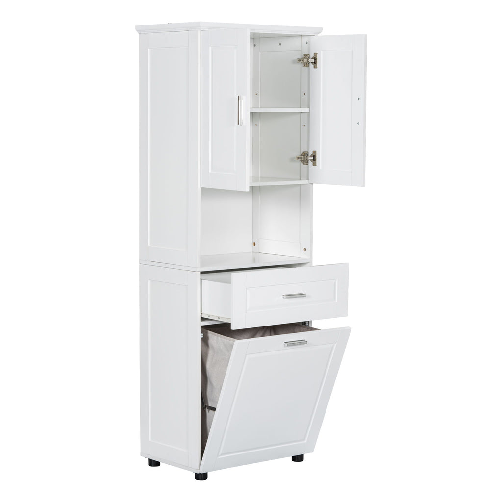 Tall Bathroom Cabinet With Tilt-Out Laundry Basket And Upper Storage